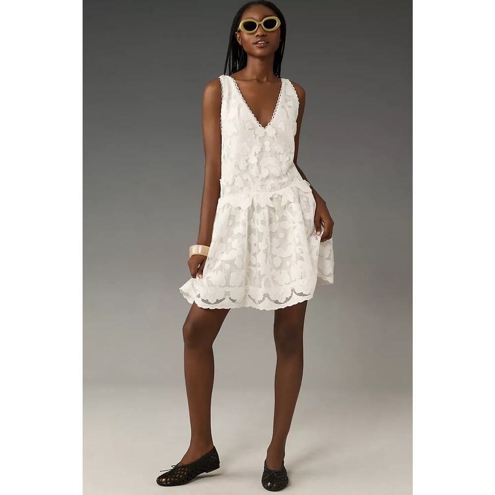 NWT By Anthropologie Sleeveless V-Neck Lace Swing Mini Dress $288 MEDIUM White